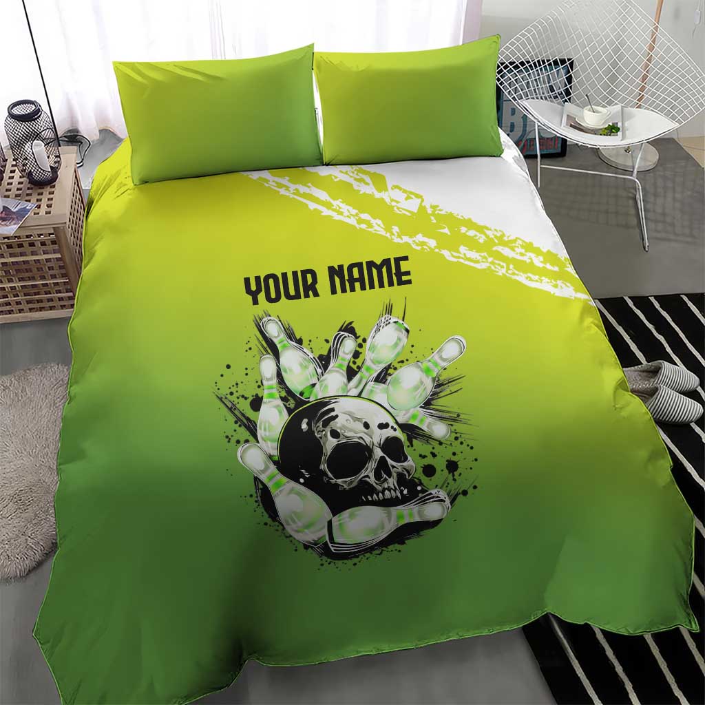 Personalized Skull Bowling Bedding Set with Neon Green Strike Design - Edgy Bowler Style - Wonder Print Shop