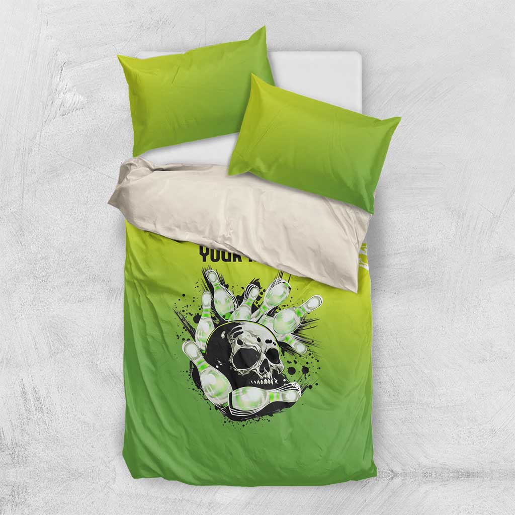 Personalized Skull Bowling Bedding Set with Neon Green Strike Design - Edgy Bowler Style - Wonder Print Shop