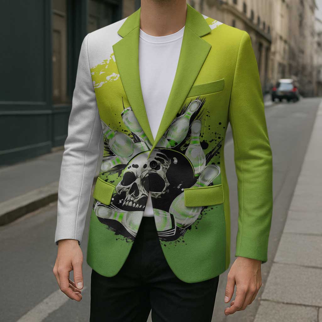 Personalized Skull Bowling Blazer with Neon Green Strike Design - Edgy Bowler Style - Wonder Print Shop