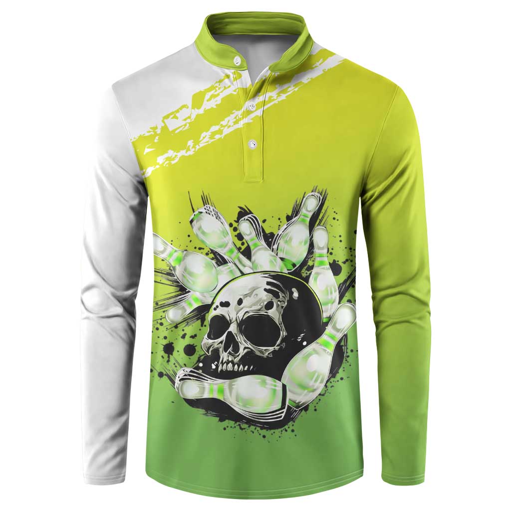 Personalized Skull Bowling Button Sweatshirt with Neon Green Strike Design - Edgy Bowler Style - Wonder Print Shop