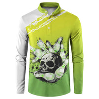 Personalized Skull Bowling Button Sweatshirt with Neon Green Strike Design - Edgy Bowler Style - Wonder Print Shop