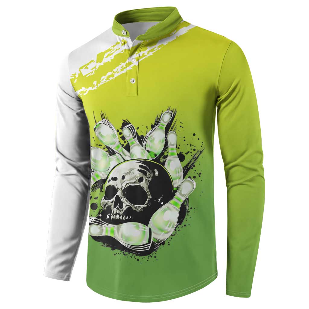 Personalized Skull Bowling Button Sweatshirt with Neon Green Strike Design - Edgy Bowler Style - Wonder Print Shop
