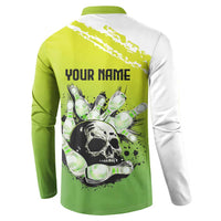 Personalized Skull Bowling Button Sweatshirt with Neon Green Strike Design - Edgy Bowler Style - Wonder Print Shop