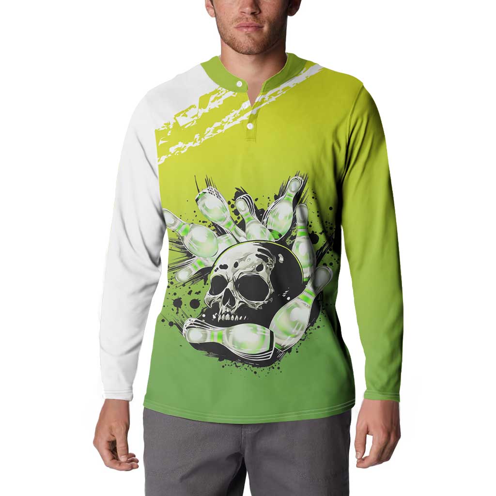 Personalized Skull Bowling Button Sweatshirt with Neon Green Strike Design - Edgy Bowler Style - Wonder Print Shop