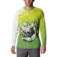 Personalized Skull Bowling Button Sweatshirt with Neon Green Strike Design - Edgy Bowler Style - Wonder Print Shop
