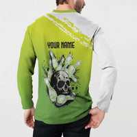 Personalized Skull Bowling Button Sweatshirt with Neon Green Strike Design - Edgy Bowler Style - Wonder Print Shop
