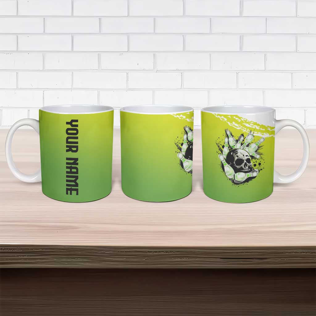Personalized Skull Bowling Ceramic Mug with Neon Green Strike Design - Edgy Bowler Style - Wonder Print Shop