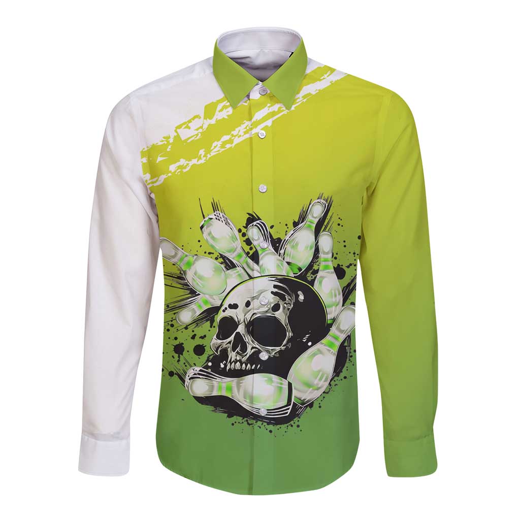 Personalized Skull Bowling Long Sleeve Button Shirt with Neon Green Strike Design - Edgy Bowler Style - Wonder Print Shop