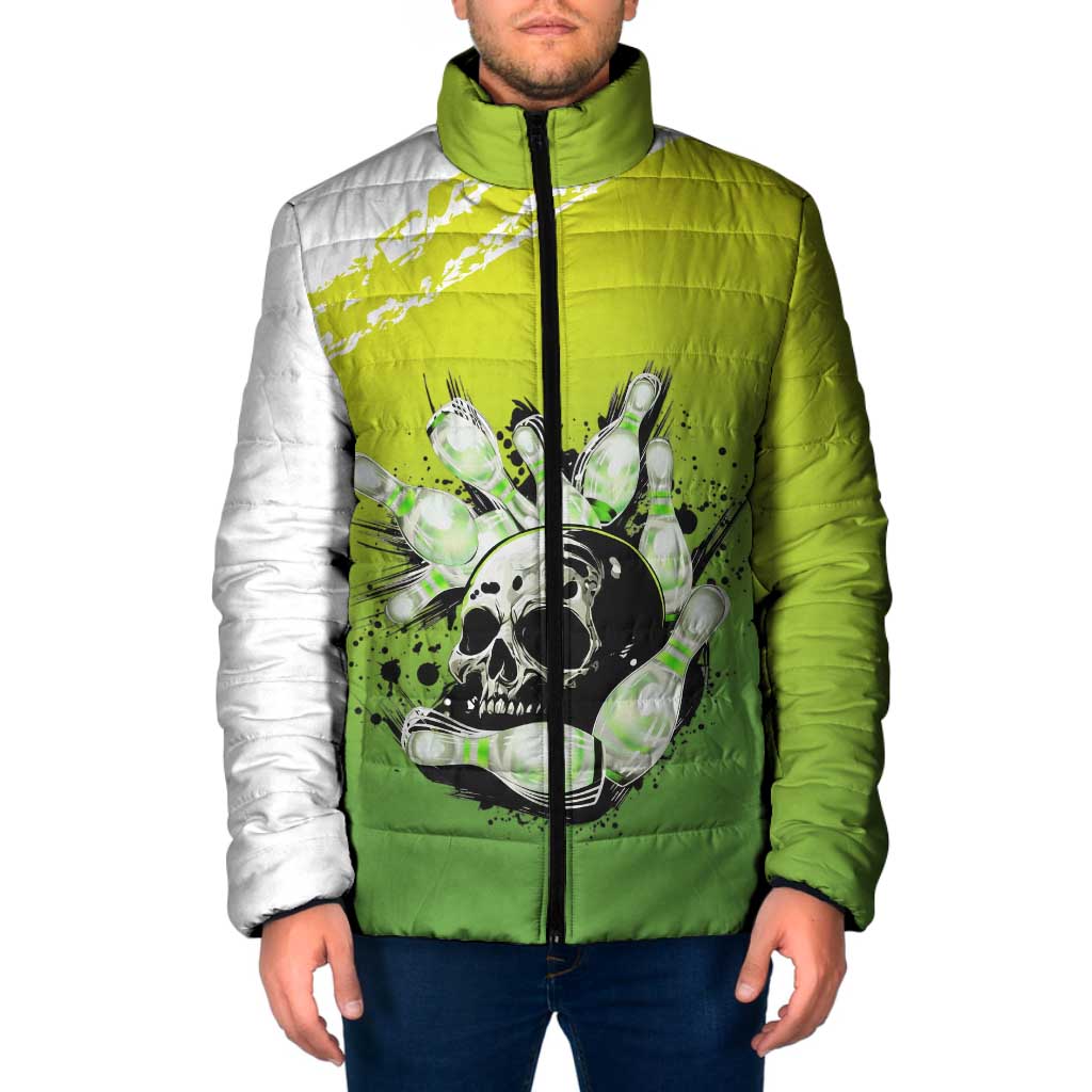 Personalized Skull Bowling Padded Jacket with Neon Green Strike Design - Edgy Bowler Style - Wonder Print Shop