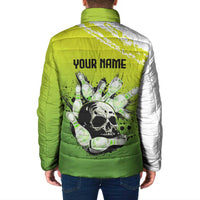 Personalized Skull Bowling Padded Jacket with Neon Green Strike Design - Edgy Bowler Style - Wonder Print Shop