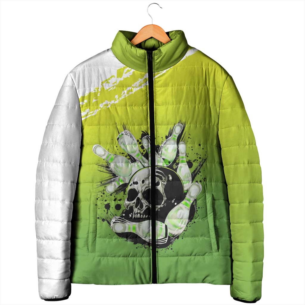 Personalized Skull Bowling Padded Jacket with Neon Green Strike Design - Edgy Bowler Style - Wonder Print Shop