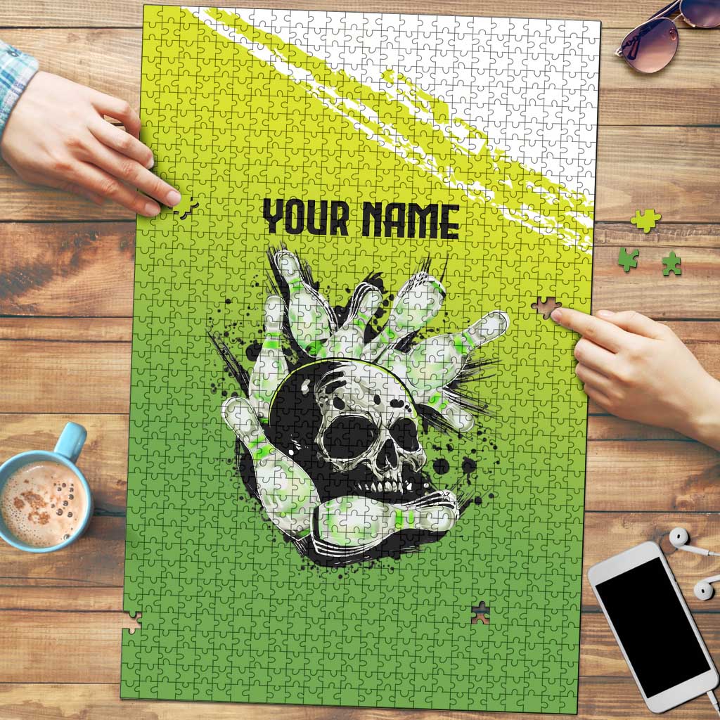 Personalized Skull Bowling Puzzle with Neon Green Strike Design - Edgy Bowler Style - Wonder Print Shop