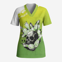 Personalized Skull Bowling Scrub Top with Neon Green Strike Design - Edgy Bowler Style - Wonder Print Shop