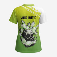 Personalized Skull Bowling Scrub Top with Neon Green Strike Design - Edgy Bowler Style - Wonder Print Shop