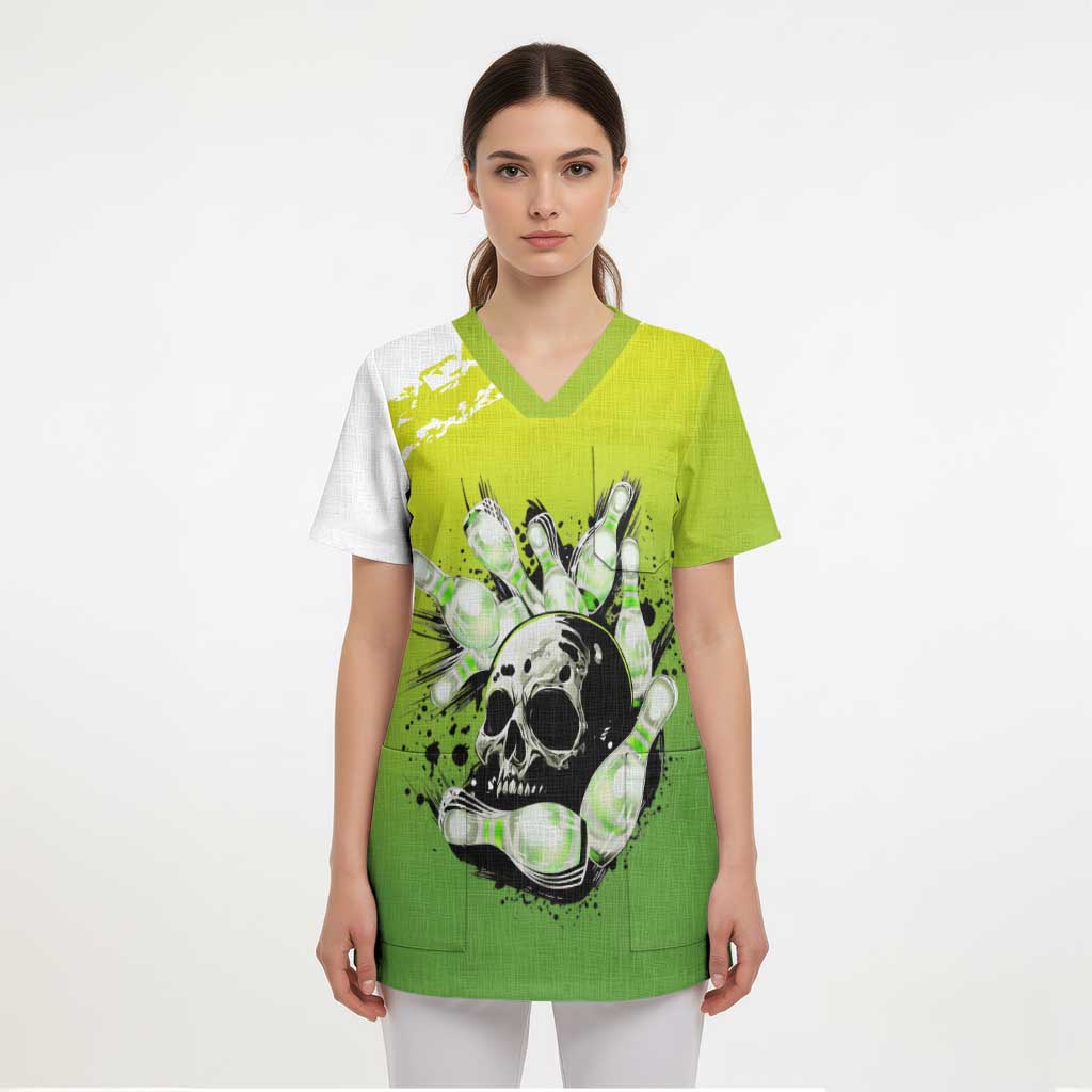 Personalized Skull Bowling Scrub Top with Neon Green Strike Design - Edgy Bowler Style - Wonder Print Shop