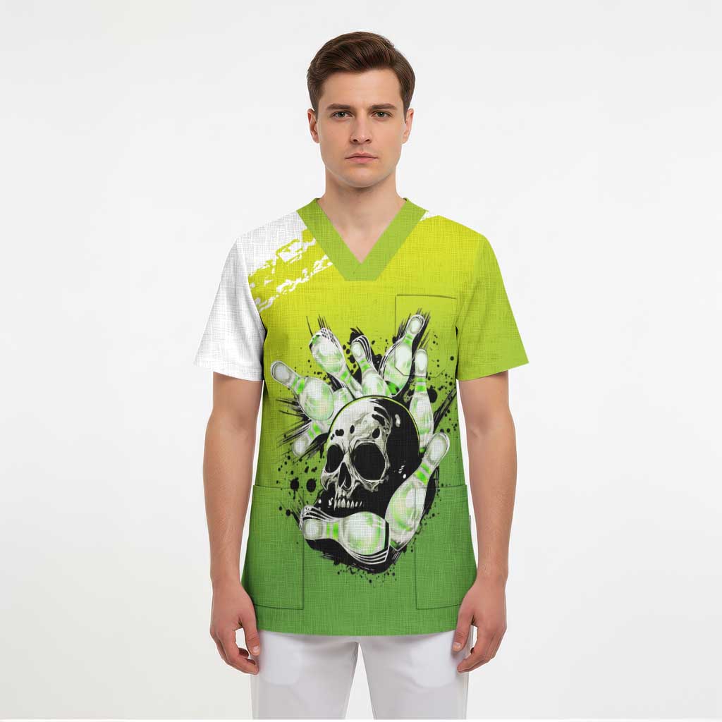 Personalized Skull Bowling Scrub Top with Neon Green Strike Design - Edgy Bowler Style - Wonder Print Shop
