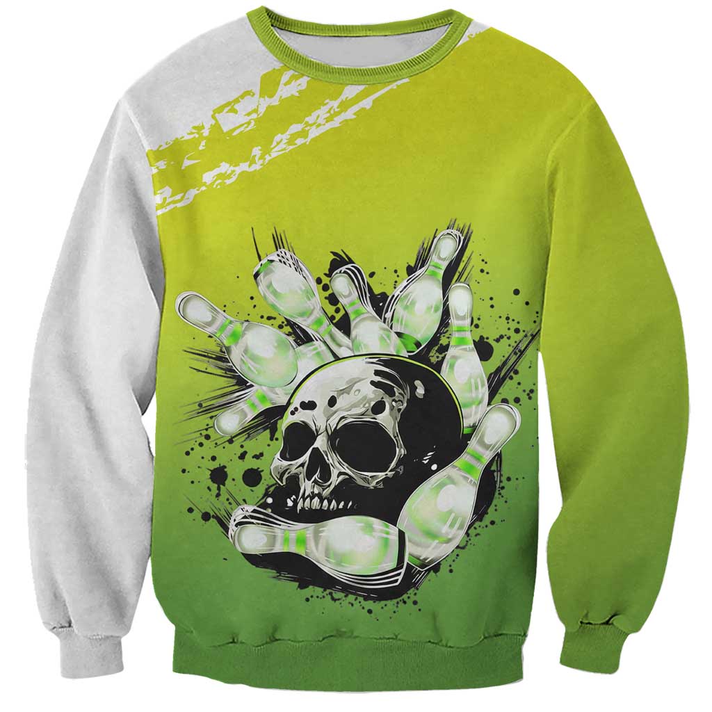 Personalized Skull Bowling Sweatshirt with Neon Green Strike Design - Edgy Bowler Style - Wonder Print Shop