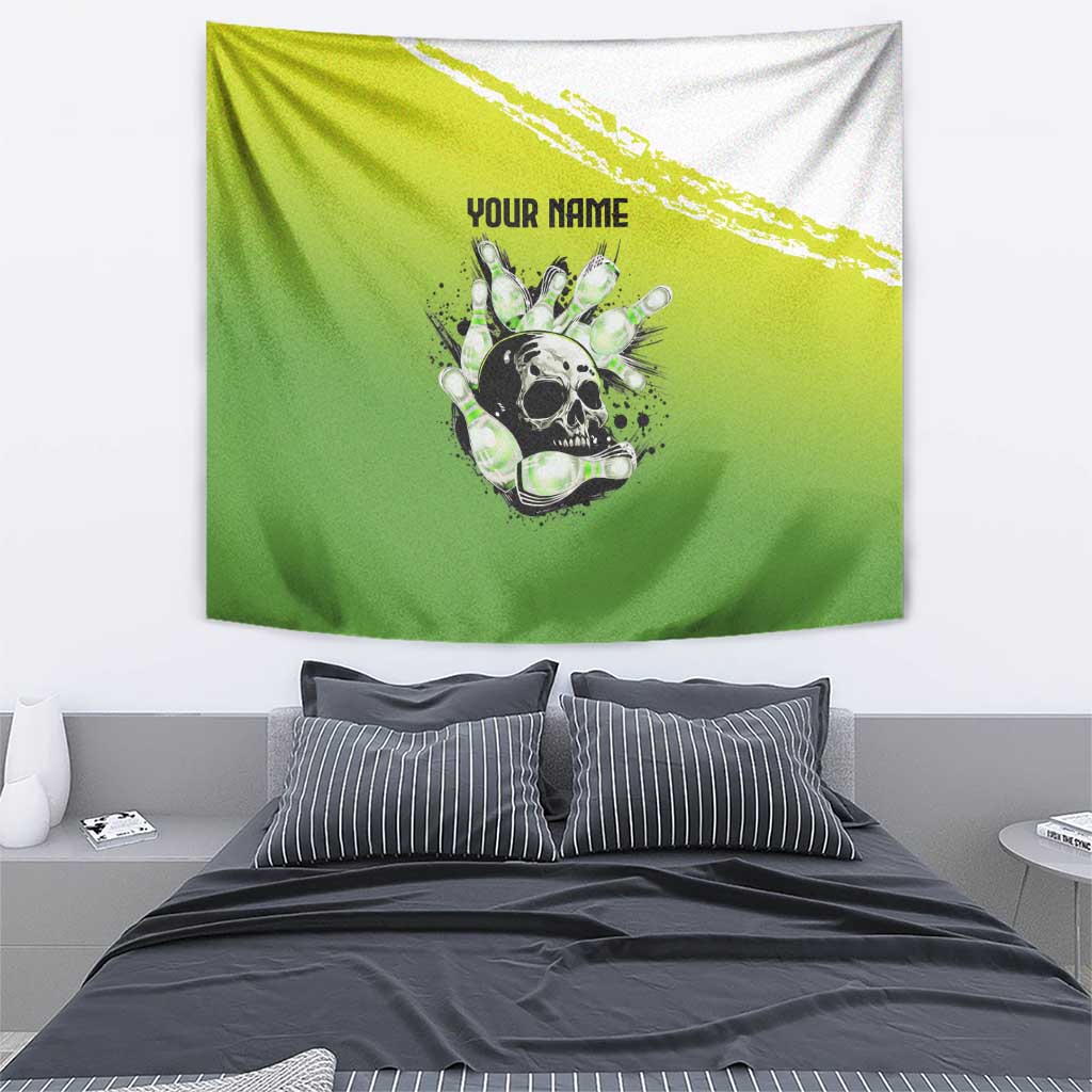 Personalized Skull Bowling Tapestry with Neon Green Strike Design - Edgy Bowler Style - Wonder Print Shop