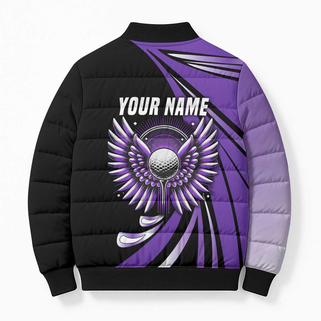 Personalized Purple Winged Golf Ball Bomber Puffer Jacket Bold Golf Graphic Design - Wonder Print Shop