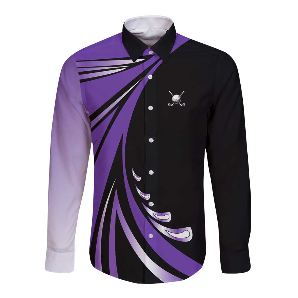 Personalized Purple Winged Golf Ball Long Sleeve Button Shirt Bold Golf Graphic Design - Wonder Print Shop