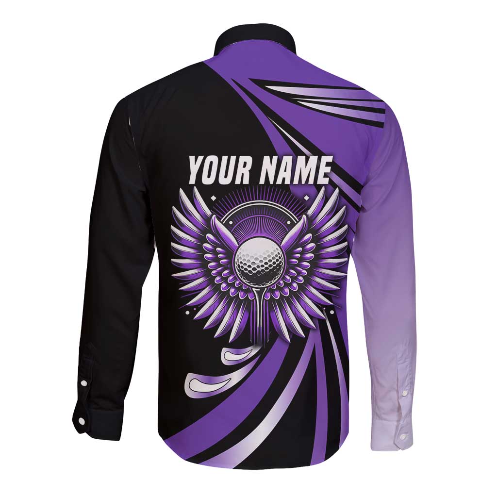 Personalized Purple Winged Golf Ball Long Sleeve Button Shirt Bold Golf Graphic Design - Wonder Print Shop
