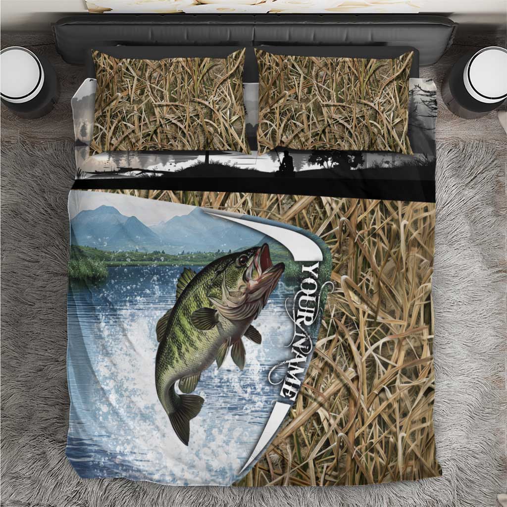 Personalized Largemouth Bass Fishing Bedding Set with Camo Reeds - Outdoor Angler Design - Wonder Print Shop