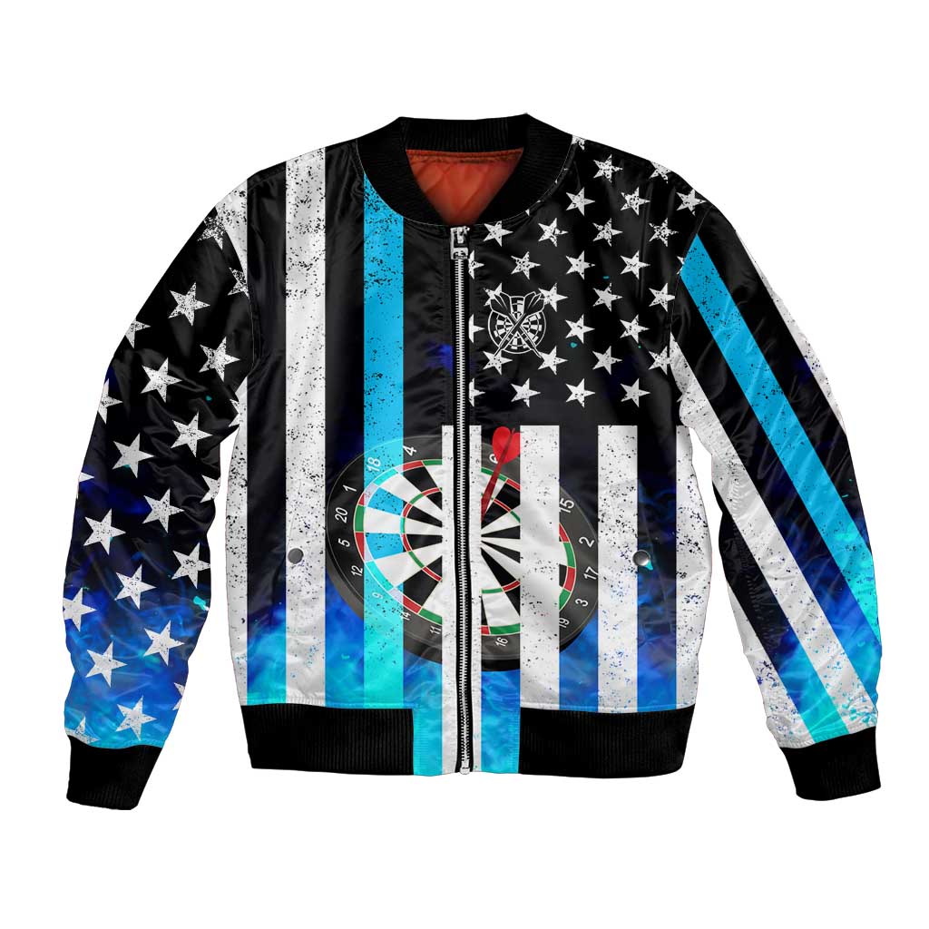 Personalized Blue Flame American Flag Dart Bomber Jacket Patriotic Dartboard Design - Wonder Print Shop