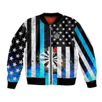 Personalized Blue Flame American Flag Dart Bomber Jacket Patriotic Dartboard Design - Wonder Print Shop