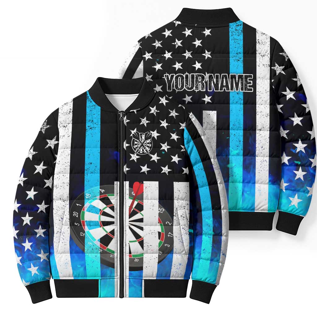 Personalized Blue Flame American Flag Dart Bomber Puffer Jacket Patriotic Dartboard Design - Wonder Print Shop