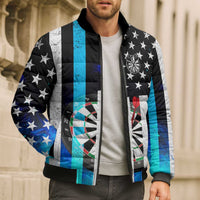 Personalized Blue Flame American Flag Dart Bomber Puffer Jacket Patriotic Dartboard Design - Wonder Print Shop