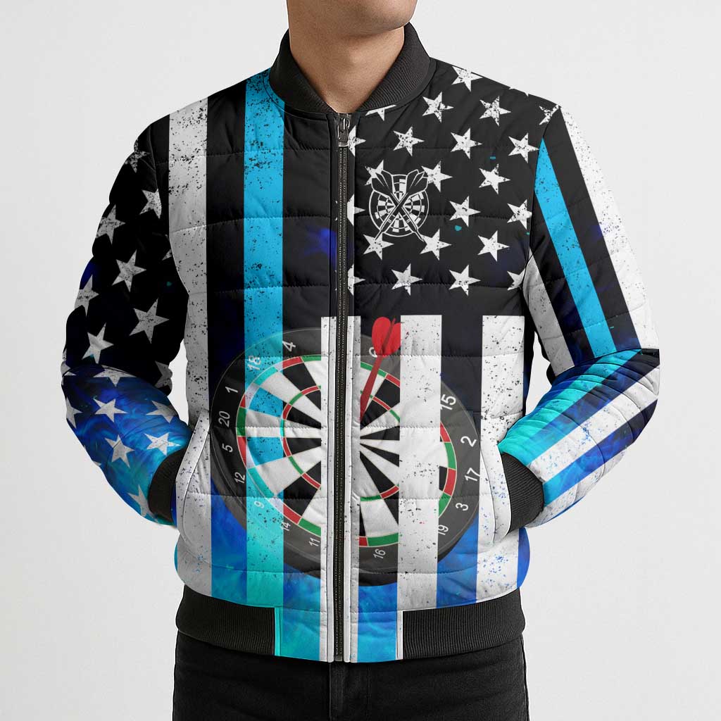 Personalized Blue Flame American Flag Dart Bomber Puffer Jacket Patriotic Dartboard Design - Wonder Print Shop