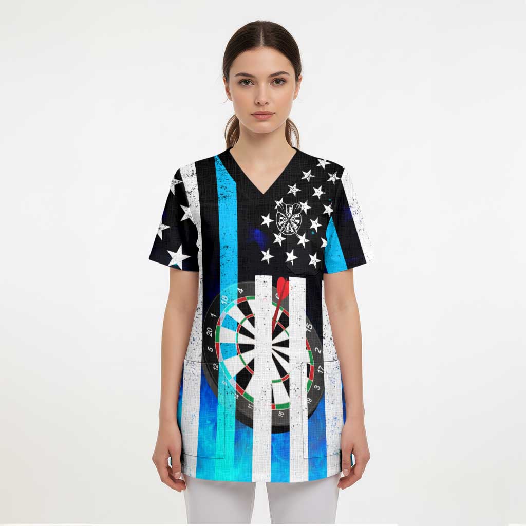 Personalized Blue Flame American Flag Dart Scrub Top Patriotic Dartboard Design - Wonder Print Shop