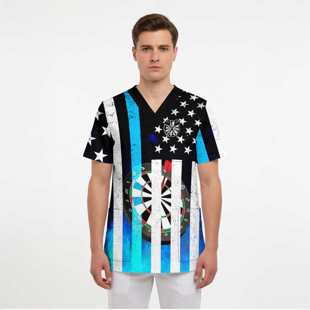 Personalized Blue Flame American Flag Dart Scrub Top Patriotic Dartboard Design - Wonder Print Shop