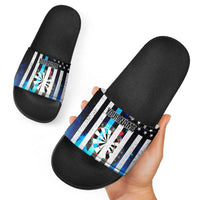 Personalized Blue Flame American Flag Dart Slide Sandals Patriotic Dartboard Design - Wonder Print Shop