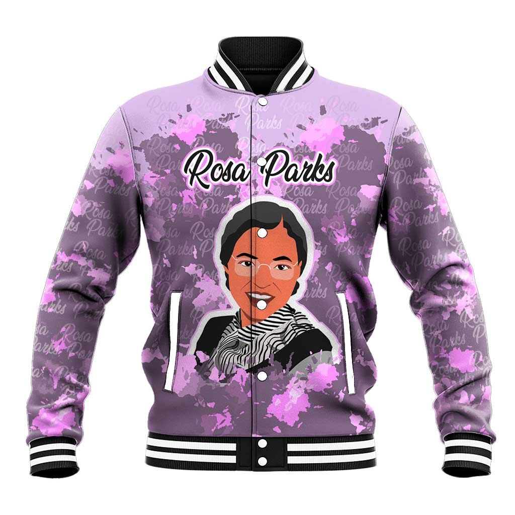 Rosa Parks Baseball Jacket Purple Floral Pattern Civil Rights Tribute Bold Name Repeated Text Design - Wonder Print Shop