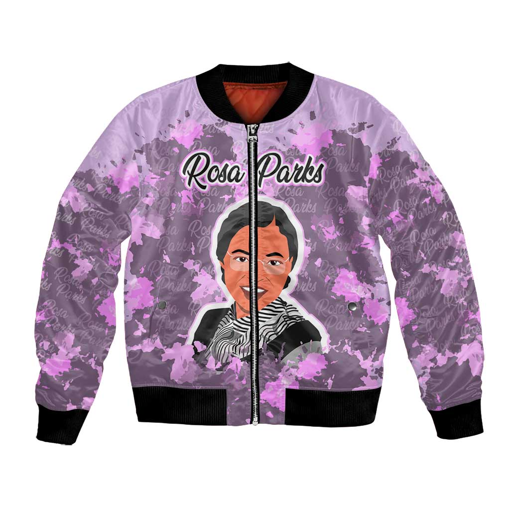 Rosa Parks Bomber Jacket Purple Floral Pattern Civil Rights Tribute Bold Name Repeated Text Design - Wonder Print Shop