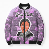 Rosa Parks Bomber Puffer Jacket Purple Floral Pattern Civil Rights Tribute Bold Name Repeated Text Design - Wonder Print Shop