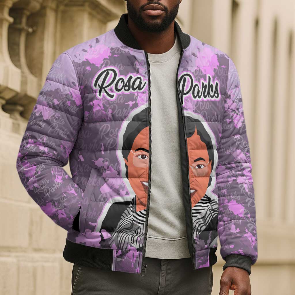 Rosa Parks Bomber Puffer Jacket Purple Floral Pattern Civil Rights Tribute Bold Name Repeated Text Design - Wonder Print Shop