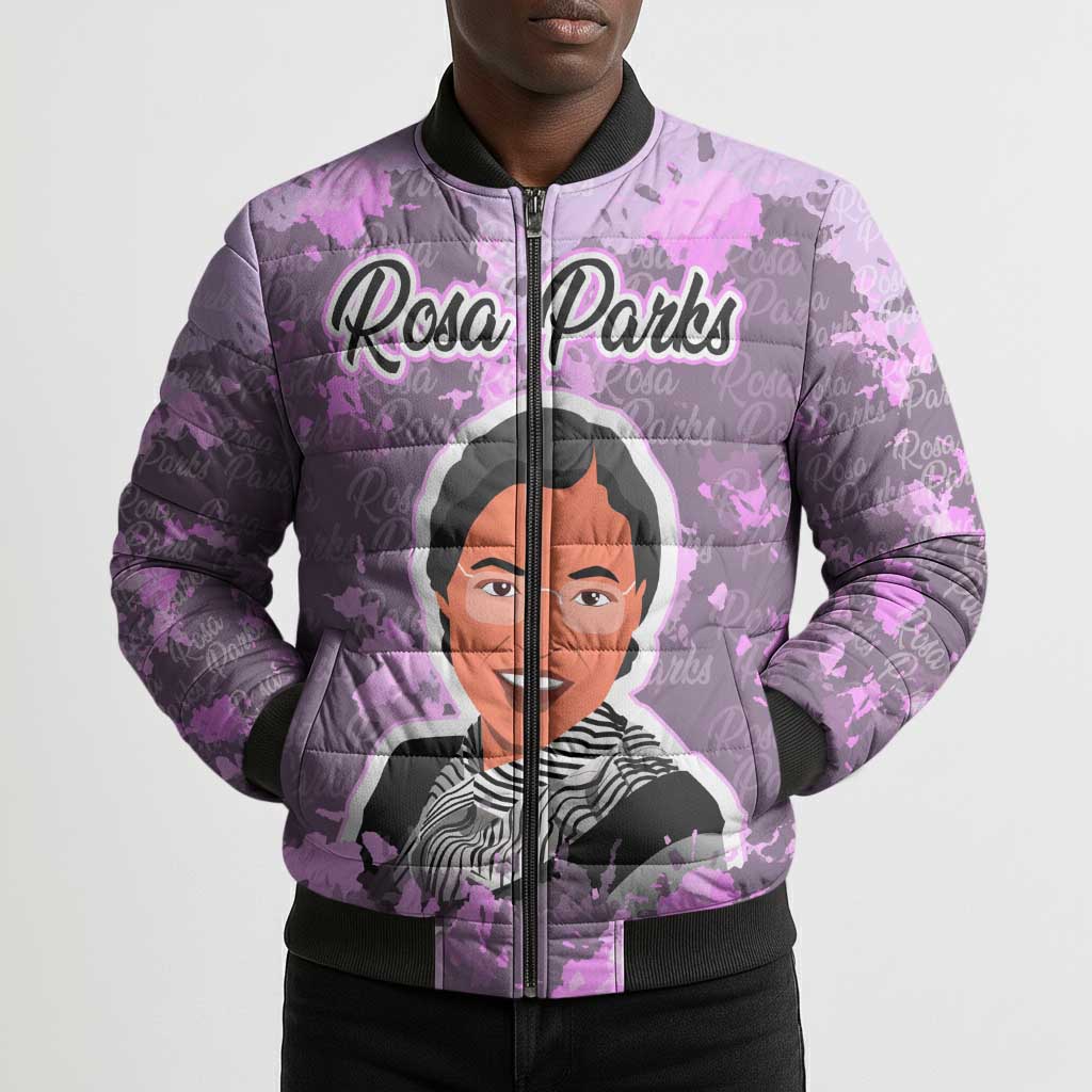 Rosa Parks Bomber Puffer Jacket Purple Floral Pattern Civil Rights Tribute Bold Name Repeated Text Design - Wonder Print Shop