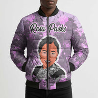 Rosa Parks Bomber Puffer Jacket Purple Floral Pattern Civil Rights Tribute Bold Name Repeated Text Design - Wonder Print Shop