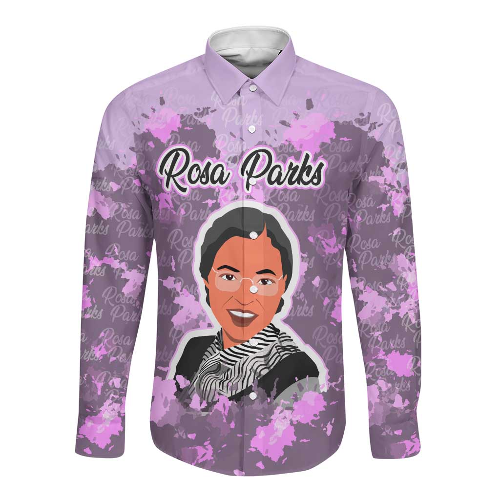 Rosa Parks Long Sleeve Button Shirt Purple Floral Pattern Civil Rights Tribute Bold Name Repeated Text Design - Wonder Print Shop