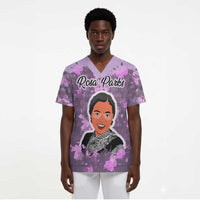 Rosa Parks Scrub Top Purple Floral Pattern Civil Rights Tribute Bold Name Repeated Text Design - Wonder Print Shop