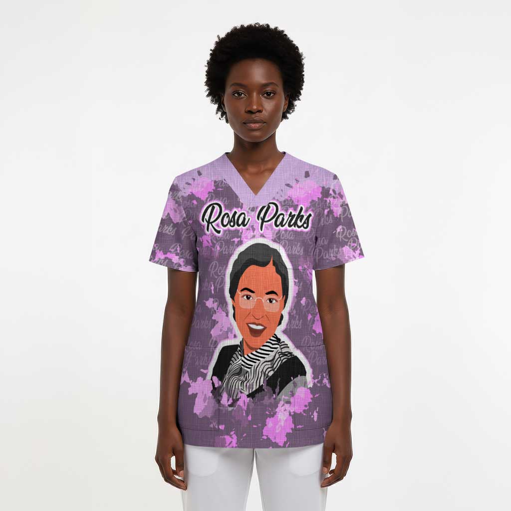 Rosa Parks Scrub Top Purple Floral Pattern Civil Rights Tribute Bold Name Repeated Text Design - Wonder Print Shop