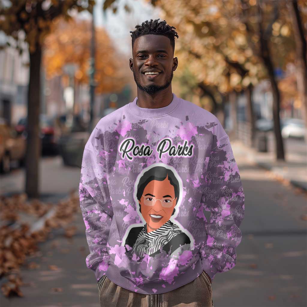 Rosa Parks Sweatshirt Purple Floral Pattern Civil Rights Tribute Bold Name Repeated Text Design - Wonder Print Shop