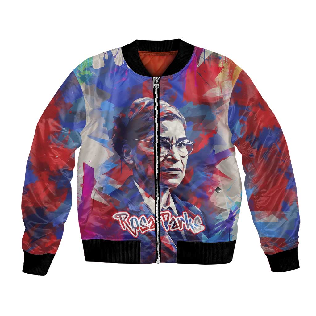Rosa Parks Bomber Jacket Red Blue Abstract Art Portrait Sitting Down to Stand Up Quote Civil Rights Tribute - Wonder Print Shop
