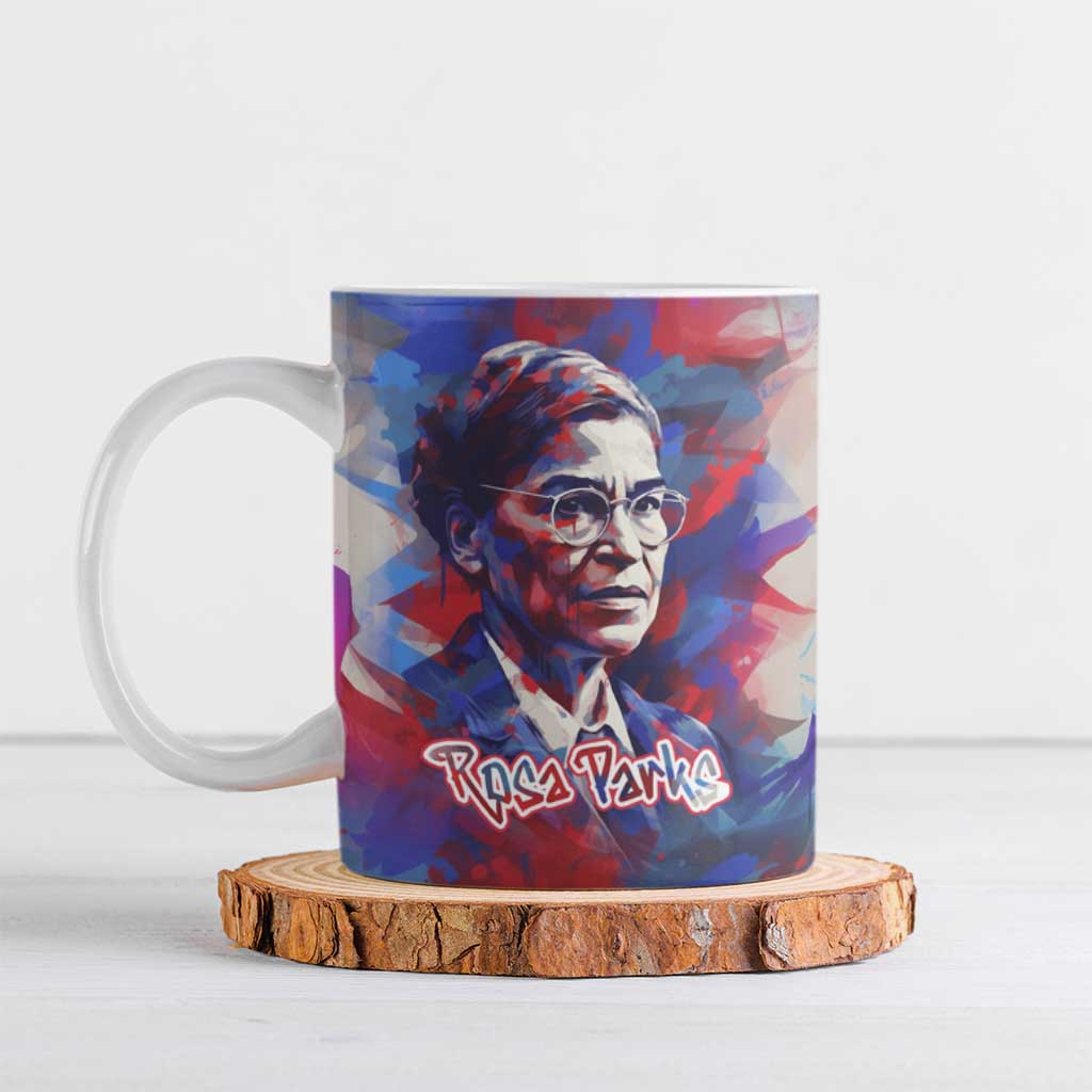 Rosa Parks Ceramic Mug Red Blue Abstract Art Portrait Sitting Down to Stand Up Quote Civil Rights Tribute - Wonder Print Shop