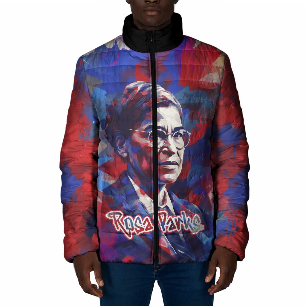 Rosa Parks Padded Jacket Red Blue Abstract Art Portrait Sitting Down to Stand Up Quote Civil Rights Tribute - Wonder Print Shop