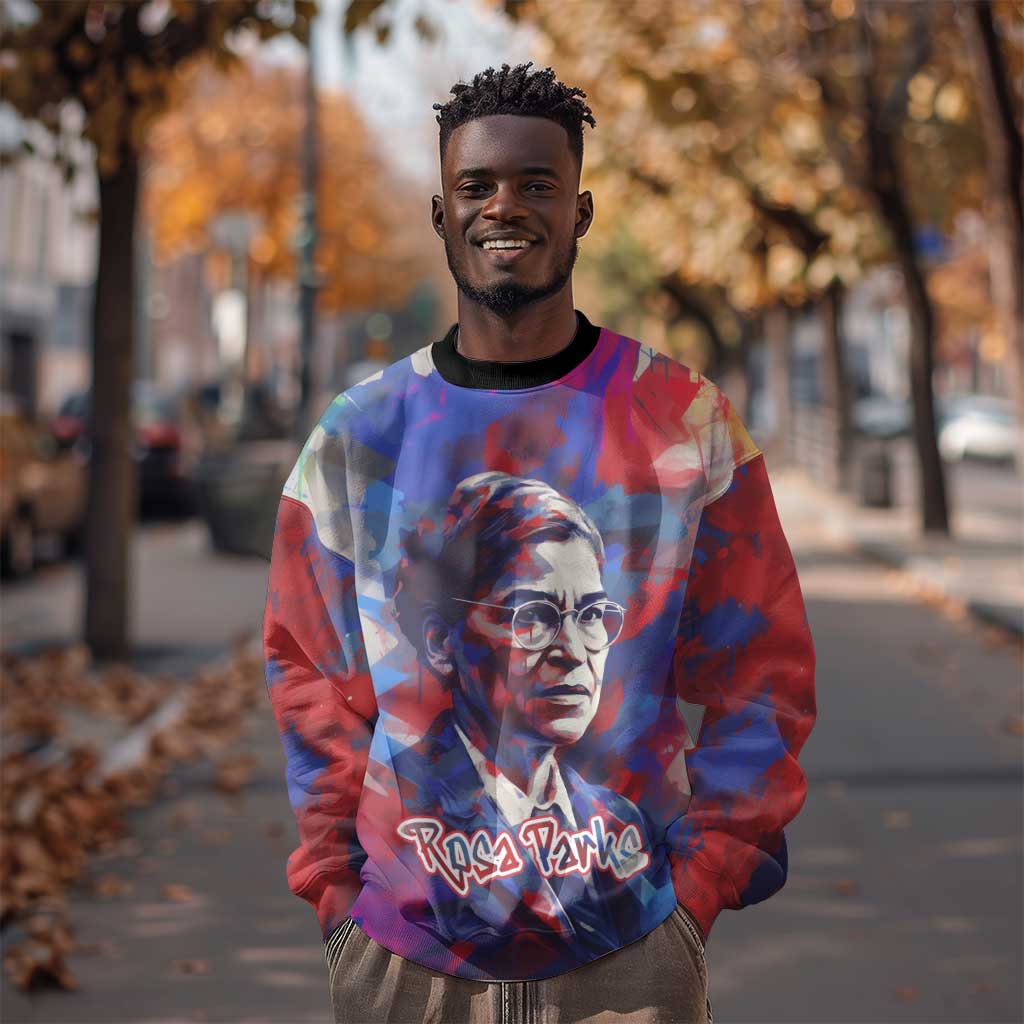 Rosa Parks Sweatshirt Red Blue Abstract Art Portrait Sitting Down to Stand Up Quote Civil Rights Tribute - Wonder Print Shop