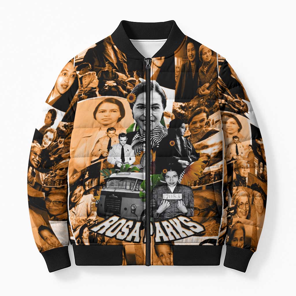 Rosa Parks Bomber Puffer Jacket Sepia Collage Design Civil Rights Icon I Believe There Is Only One Race Quote - Wonder Print Shop
