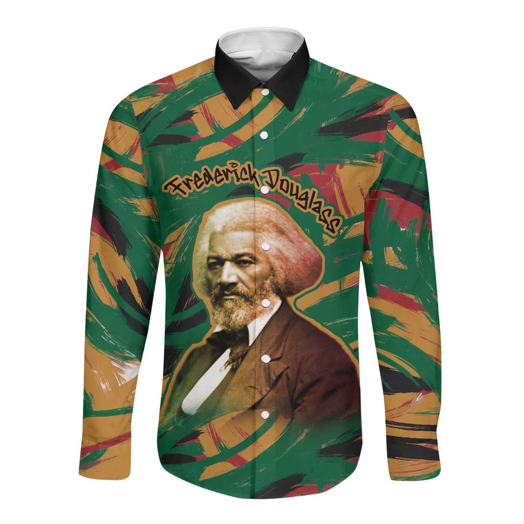 Frederick Douglass Long Sleeve Button Shirt Green Abstract Design Civil Rights Leader Quote on Race and Humanity - Wonder Print Shop